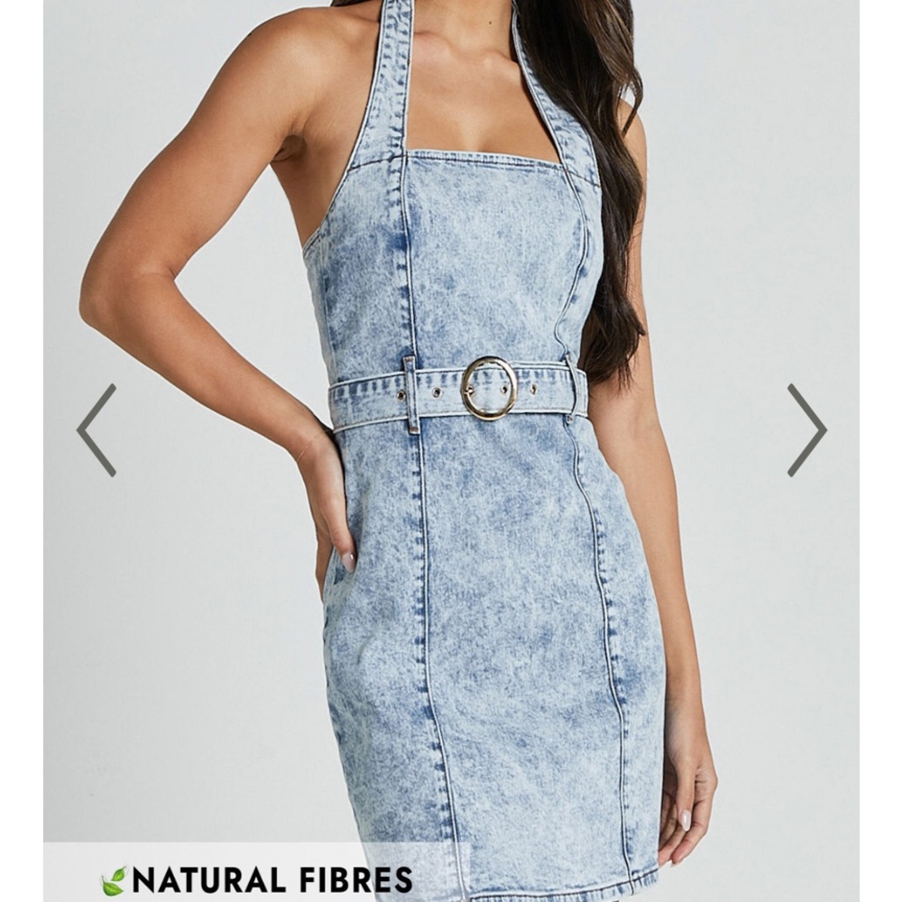 Showpo. (4) NWT light blue wash denim belted halter mini dress zip entry sexy
